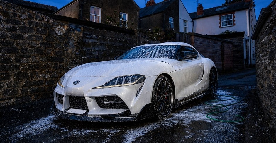 Car covered in snow foam during a premium detail